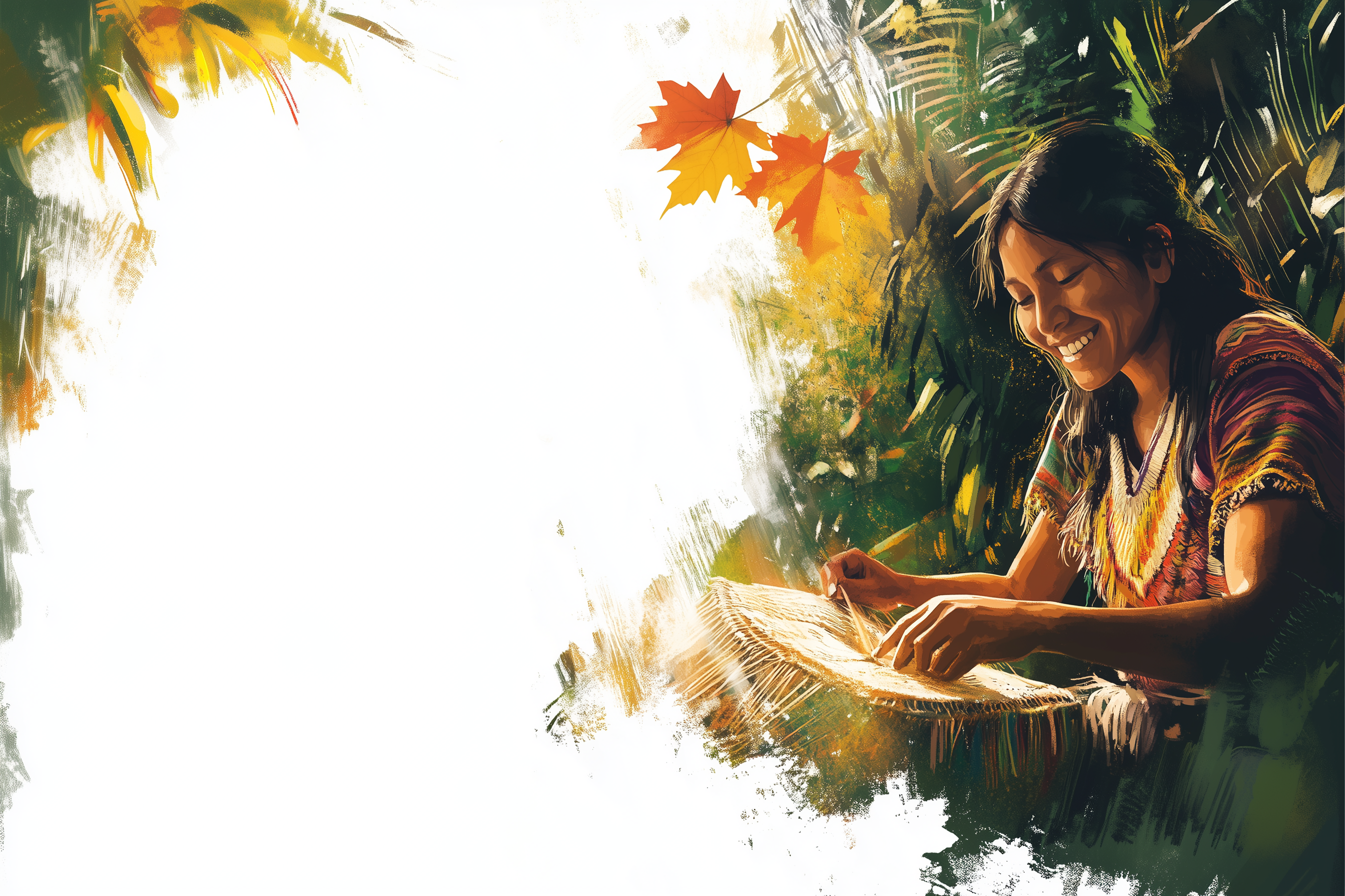 Woman sitting among leaves, holding a woven item